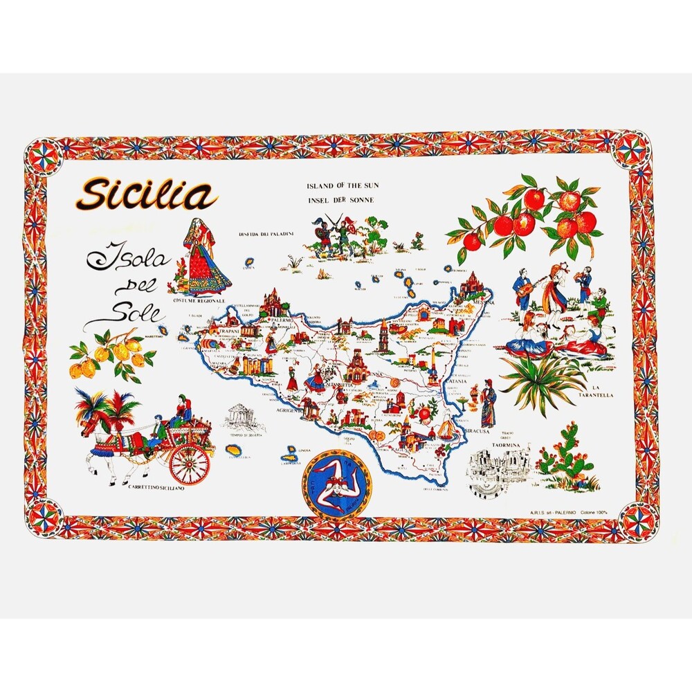 SICILIA 100% Cotton Tea Towel MAP Kitchen towel Souvenir Art Landmarks Vintage